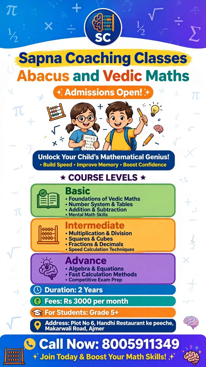 Sapna Coaching Classes Abacus and Vedic Maths admissions banner